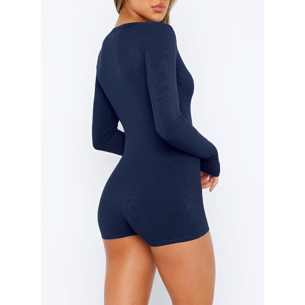 Women's Navy Blue One Piece Button Jumpsuit V Neck Romper Long Sleeve Bodysuit - Picture 3 of 4